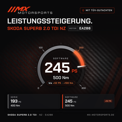 Skoda Superb 2.0 TDI 193 PS (NZ) Leistungssteigerung mit TÜV-Gutachten, Motor EA288: 245 PS und 500 Nm