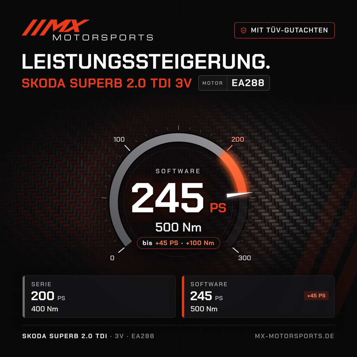 Skoda Superb 2.0 TDI 200 PS (3V) Leistungssteigerung mit TÜV-Gutachten, Motor EA288: 245 PS und 500 Nm
