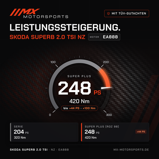 Skoda Superb 2.0 TSI 204 PS (NZ) Leistungssteigerung mit TÜV-Gutachten, Motor EA888: 248 PS und 420 Nm