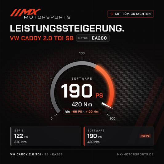VW Caddy 2.0 TDI 122 PS (SB) Leistungssteigerung mit TÜV-Gutachten, Motor EA288: 190 PS und 420 Nm