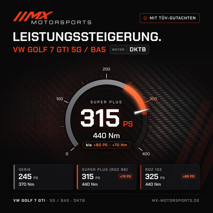 VW Golf 7 GTI (5G/BA5) Leistungssteigerung mit TÜV-Gutachten, Motor DKTB: 315 PS und 440 Nm, mit ROZ 102 bis 325 PS
