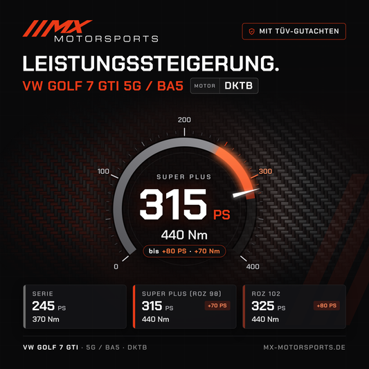 VW Golf 7 GTI (5G/BA5) Leistungssteigerung mit TÜV-Gutachten, Motor DKTB: 315 PS und 440 Nm, mit ROZ 102 bis 325 PS