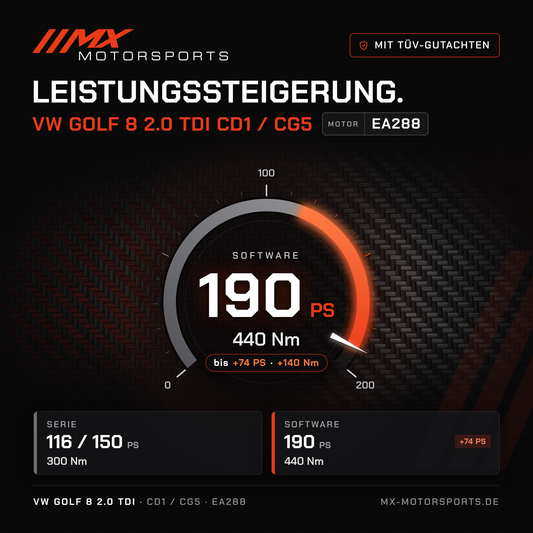 VW Golf 8 2.0 TDI 116/150 PS (CD1/CG5) Leistungssteigerung mit TÜV-Gutachten, Motor EA288: 190 PS und 440 Nm