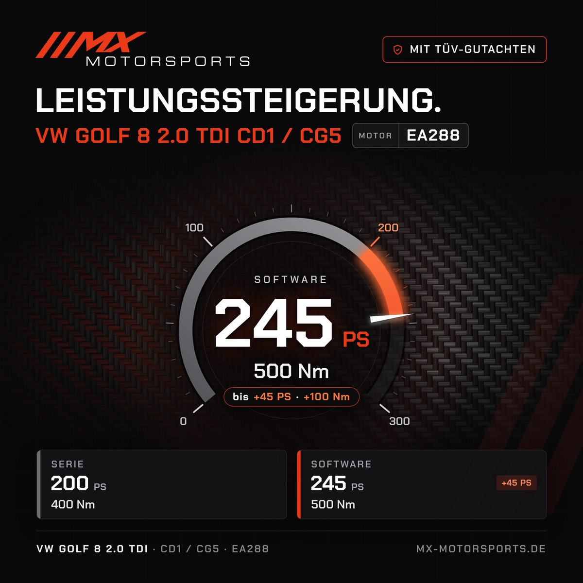 VW Golf 8 2.0 TDI 200 PS (CD1/CG5) Leistungssteigerung mit TÜV-Gutachten, Motor EA288: 245 PS und 500 Nm