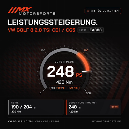VW Golf 8 2.0 TSI 190/204 PS (CD1/CG5) Leistungssteigerung mit TÜV-Gutachten, Motor EA888: 248 PS und 420 Nm