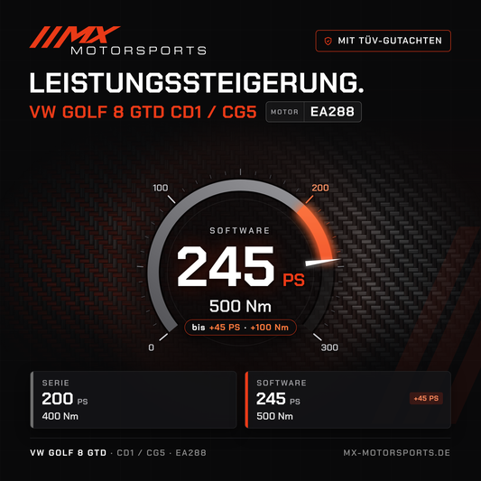 VW Golf 8 GTD (CD1/CG5) Leistungssteigerung mit TÜV-Gutachten, Motor EA288: 245 PS und 500 Nm