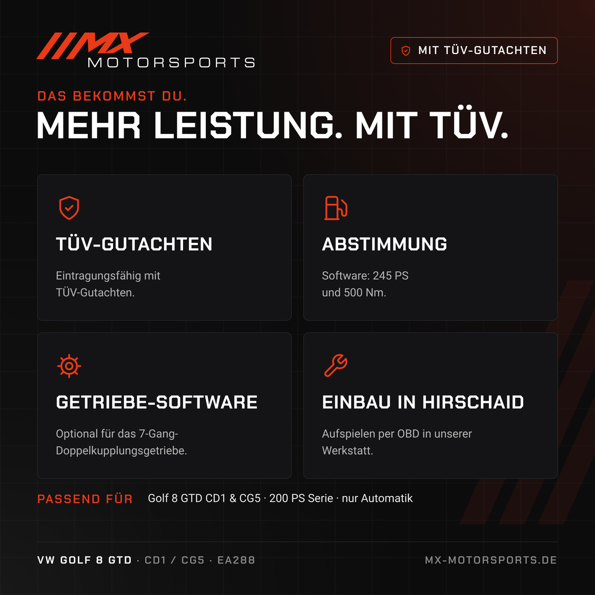Leistungsmerkmale: TÜV-Gutachten, Abstimmung, Getriebe-Software und Einbau in Hirschaid für den VW Golf 8 GTD