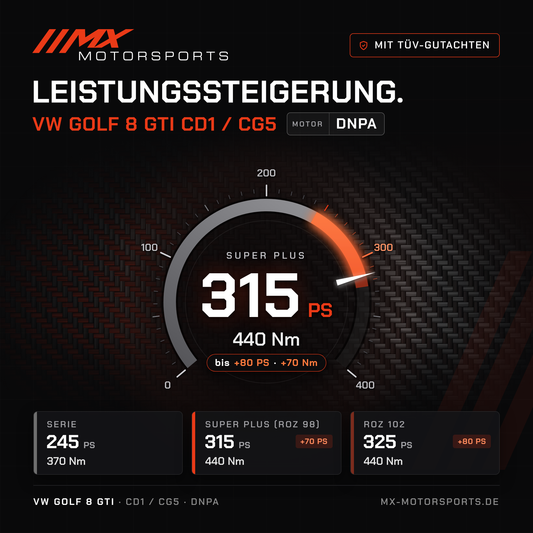 VW Golf 8 GTI (CD1/CG5) Leistungssteigerung mit TÜV-Gutachten, Motor DNPA: 315 PS und 440 Nm, mit ROZ 102 bis 325 PS