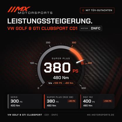 VW Golf 8 GTI Clubsport (CD1) Leistungssteigerung mit TÜV-Gutachten, Motor DNFC: 380 PS und 480 Nm, mit ROZ 102 bis 400 PS