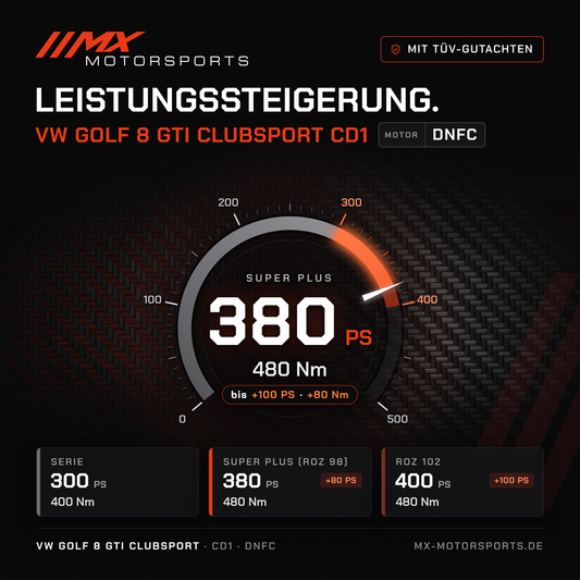 VW Golf 8 GTI Clubsport (CD1) Leistungssteigerung mit TÜV-Gutachten, Motor DNFC: 380 PS und 480 Nm, mit ROZ 102 bis 400 PS