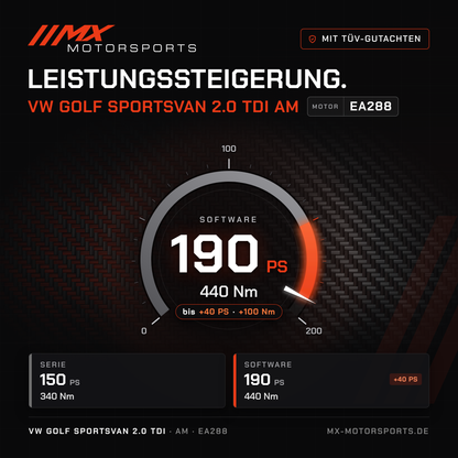 VW Golf Sportsvan 2.0 TDI 150 PS (AM) Leistungssteigerung mit TÜV-Gutachten, Motor EA288: 190 PS und 440 Nm
