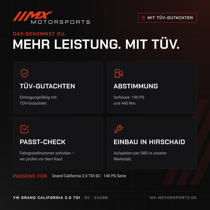 Leistungsmerkmale: TÜV-Gutachten, Abstimmung, Passt-Check und Einbau in Hirschaid für den VW Grand California 2.0 TDI 140 PS