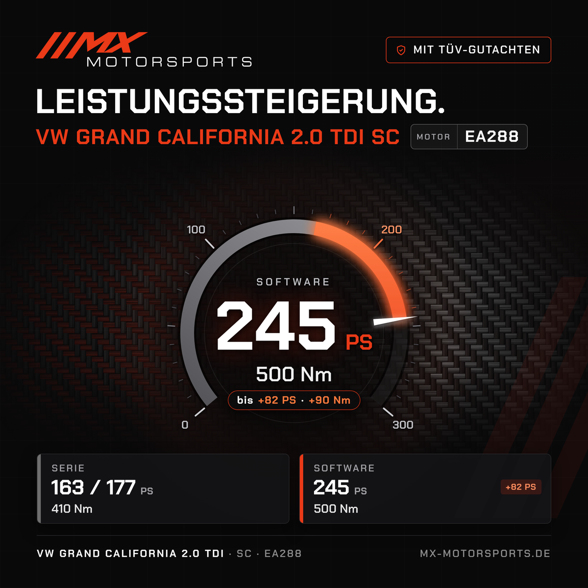 VW Grand California 2.0 TDI 163/177 PS (SC) Leistungssteigerung mit TÜV-Gutachten, Motor EA288: 245 PS und 500 Nm