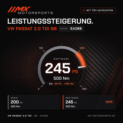 VW Passat 2.0 TDI 200 PS (B8) Leistungssteigerung mit TÜV-Gutachten, Motor EA288: 245 PS und 500 Nm
