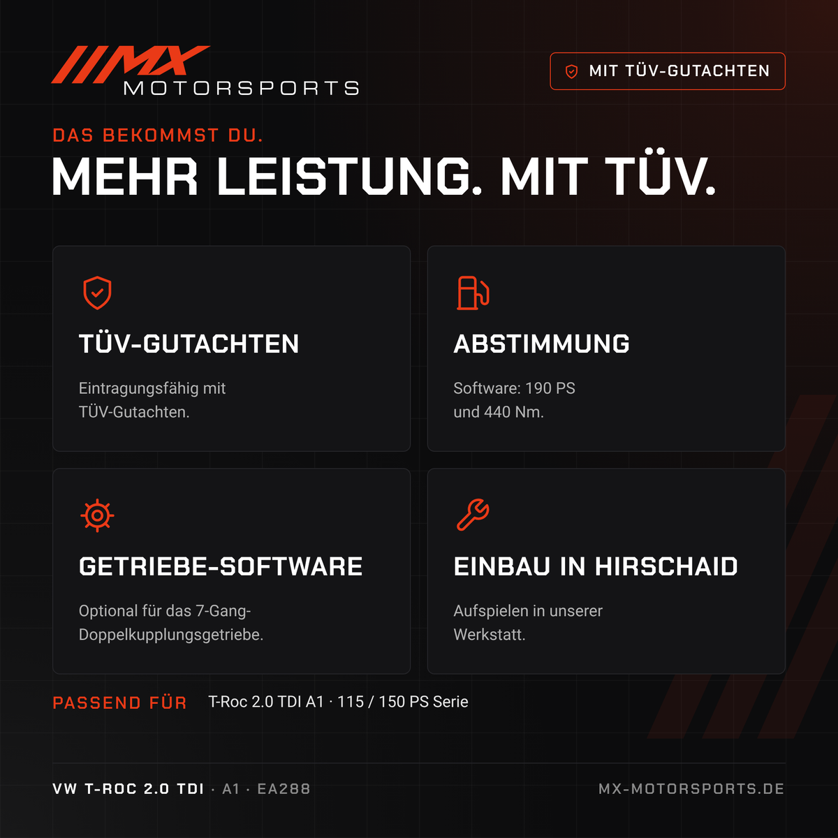 Leistungsmerkmale: TÜV-Gutachten, Abstimmung, Getriebe-Software und Einbau in Hirschaid für den VW T-Roc 2.0 TDI 115/150 PS