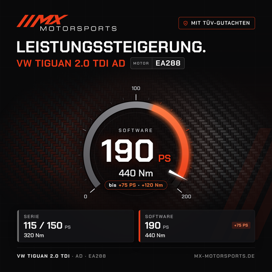 VW Tiguan 2.0 TDI 115/150 PS (AD) Leistungssteigerung mit TÜV-Gutachten, Motor EA288: 190 PS und 440 Nm