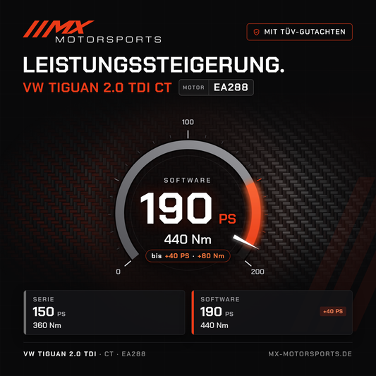 VW Tiguan 2.0 TDI 150 PS (CT) Leistungssteigerung mit TÜV-Gutachten, Motor EA288: 190 PS und 440 Nm