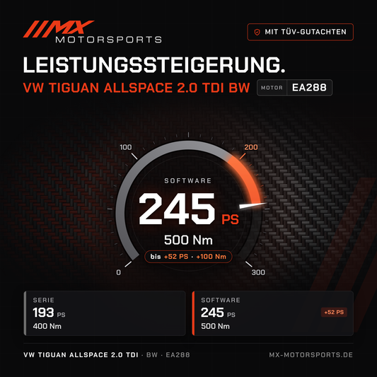 VW Tiguan Allspace 2.0 TDI 193 PS (BW) Leistungssteigerung mit TÜV-Gutachten, Motor EA288: 245 PS und 500 Nm