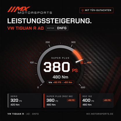 VW Tiguan R (AD) Leistungssteigerung mit TÜV-Gutachten, Motor DNFG: 380 PS und 480 Nm, mit ROZ 102 bis 400 PS