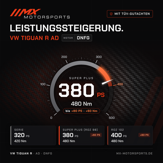 VW Tiguan R (AD) Leistungssteigerung mit TÜV-Gutachten, Motor DNFG: 380 PS und 480 Nm, mit ROZ 102 bis 400 PS