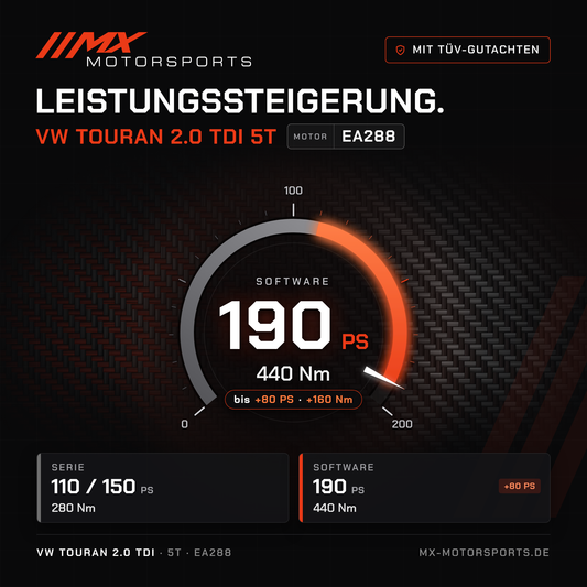 VW Touran 2.0 TDI 110–150 PS (5T) Leistungssteigerung mit TÜV-Gutachten, Motor EA288: 190 PS und 440 Nm