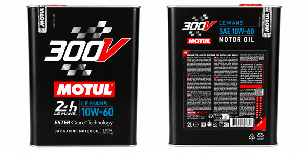 Motul 300V Le Mans 10W-60 Rennsport-Motoröl, 2-Liter-Dose, Vorder- und Rückseite
