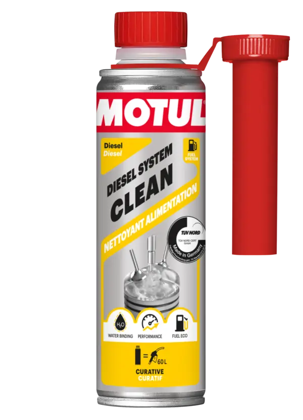 Motul Injektorreiniger für Dieselmotoren, Dose mit Aufschrift Diesel System Clean und Einfüllhilfe
