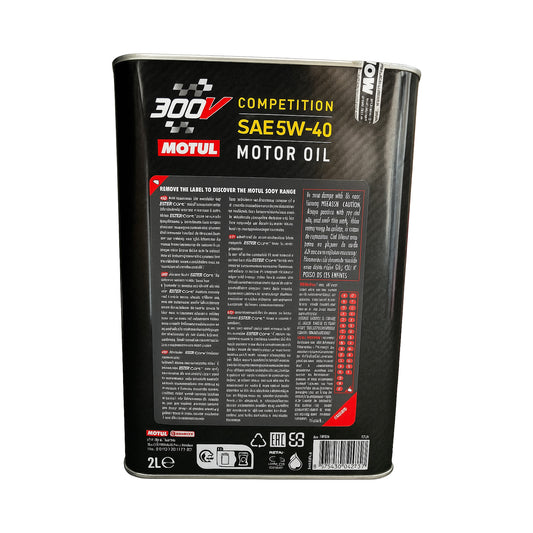 Motul 300V Competition 5W-40, 2 Liter – Rückseite der Dose mit Spezifikationen