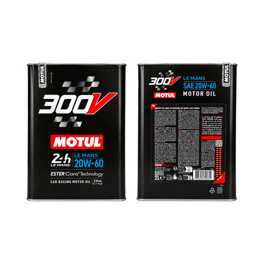 Motul 300V Le Mans 20W-60, 2 Liter – Vorder- und Rückseite der Dose