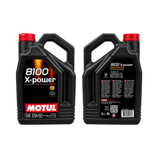 Motul 8100 X-power 10W-60, 5 Liter – Vorder- und Rückseite des Kanisters