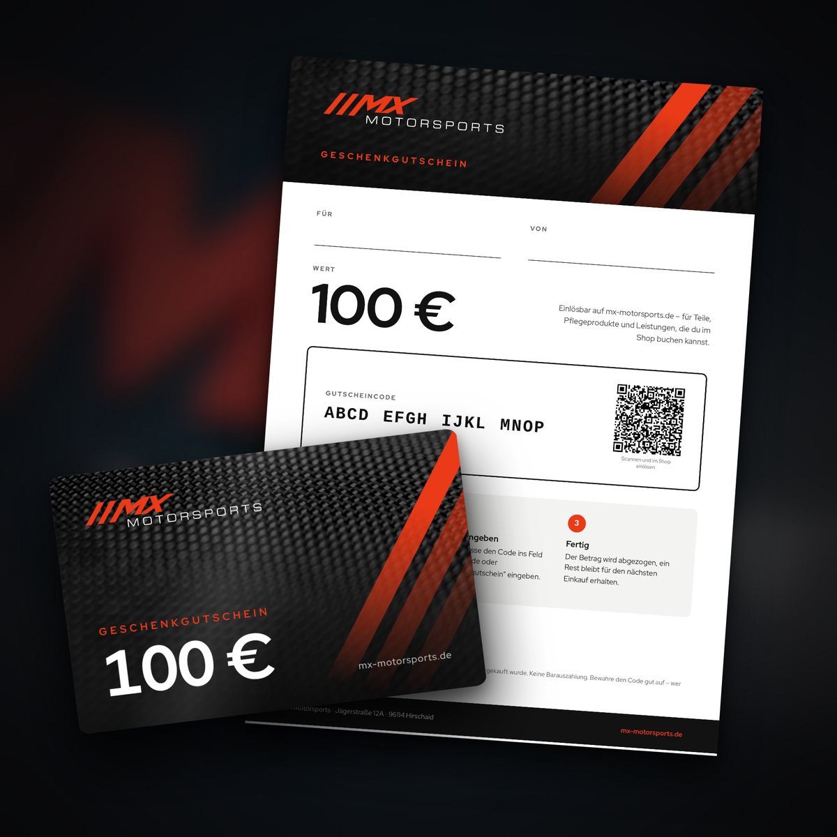 MX Motorsports Geschenkgutschein als DIN-A4-Druckversion mit Betrag, Gutscheincode und QR-Code